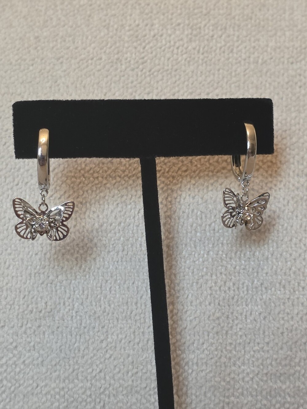 Silver Tone Layered Butterfly Rhinestone Hoop Earrings